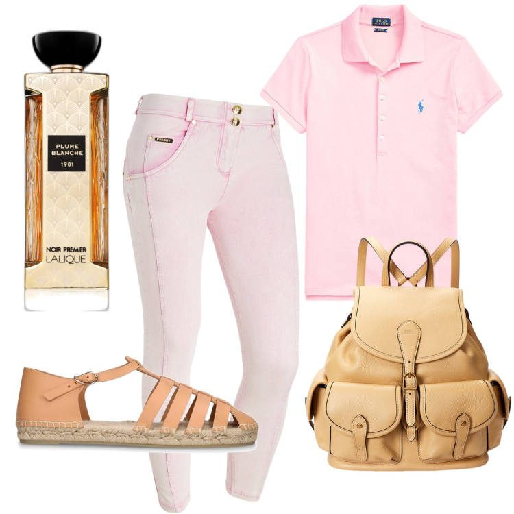 Outfit donna - Sportiva. Stile Boho per Tutti i giorni. look ideale per Petite. Abbinamento con profumi, jeans skinny, polo, zaini, sandali in pelle.
