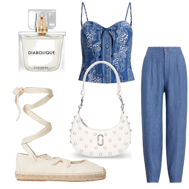 Outfit donna - Top e pantaloni. Stile Boho per Tutti i giorni. look ideale per Petite. Abbinamento con profumi, pantaloni, top, espadrillas, borse a spalla.