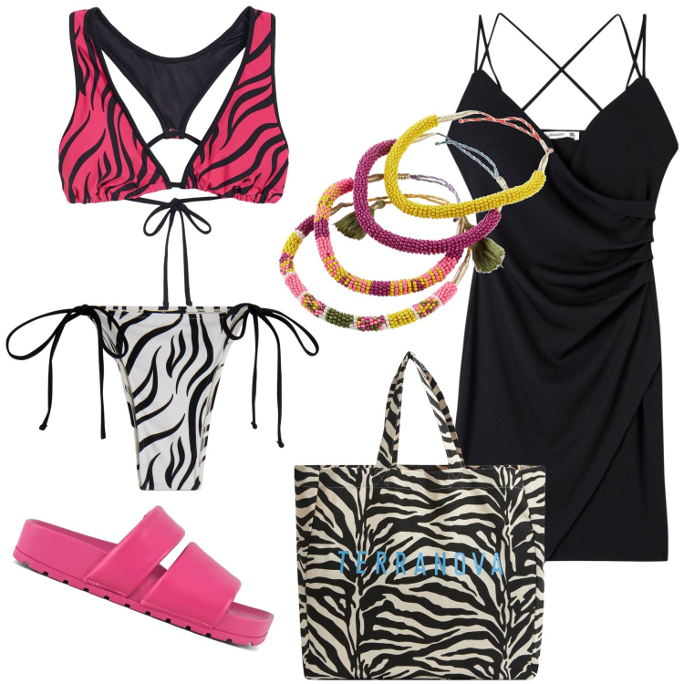 Outfit donna - Uno zebrato spiritoso. Stile Casual per Mare. Abbinamento con braccialetti, borse tote, vestiti, bikini, bikini, ciabatte.