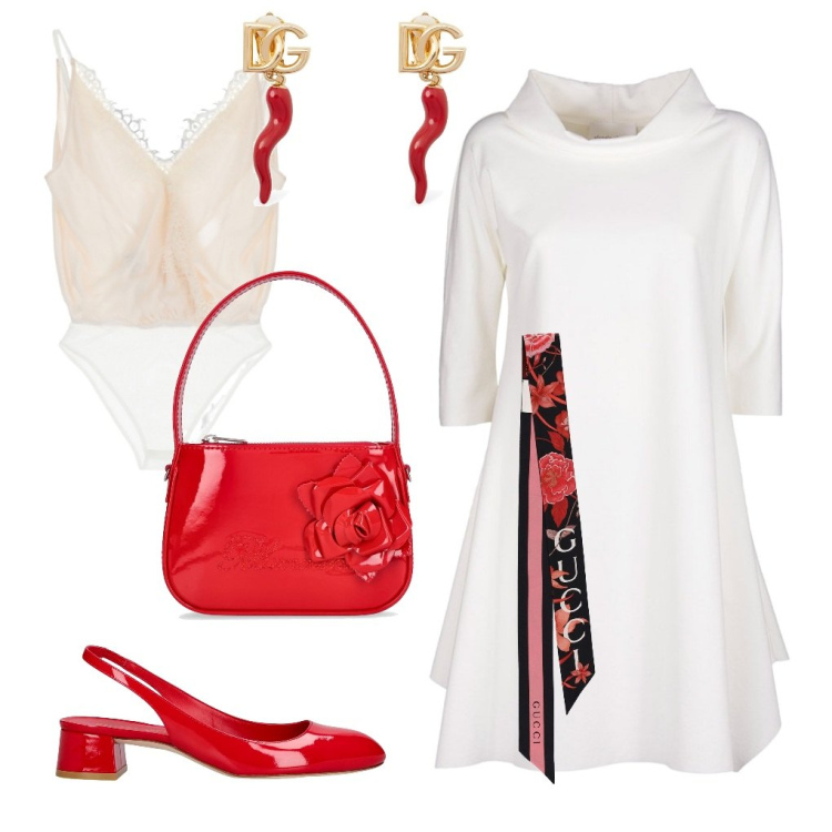Outfit donna - Patty: portafortuna. Stile Chic per Serata fuori. Abbinamento con body, vestiti, sciarpe, décolleté, borse a mano, orecchini.