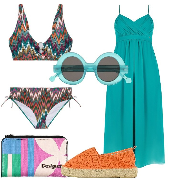 Outfit donna - Colors. Stile Trendy per Mare. Abbinamento con vestiti lunghi, espadrillas, bikini, occhiali da sole, portafogli.