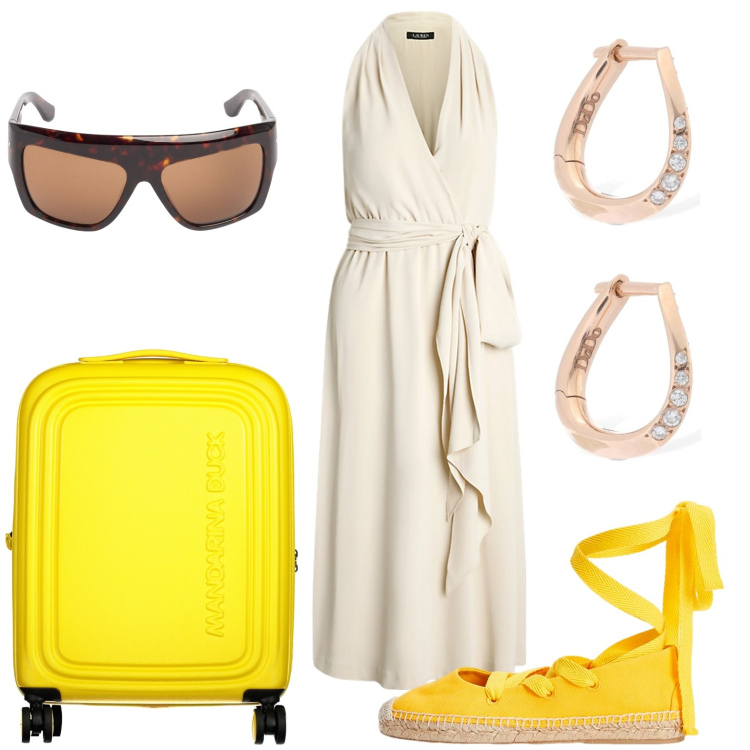 Outfit donna - In vacanza. Stile Basic per Tutti i giorni. look ideale per Petite. Abbinamento con vestiti senza maniche, espadrillas, valigie, orecchini, occhiali da sole.