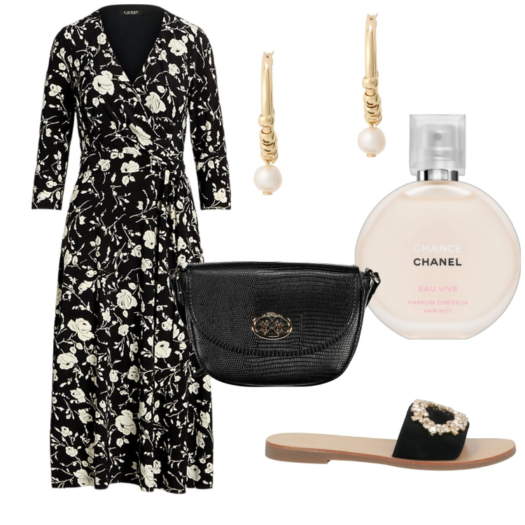 Outfit donna - Serata in estate. Stile Vintage retrò per Serata fuori. Abbinamento con sandali in pelle, profumi, vestiti, orecchini, borse a tracolla.