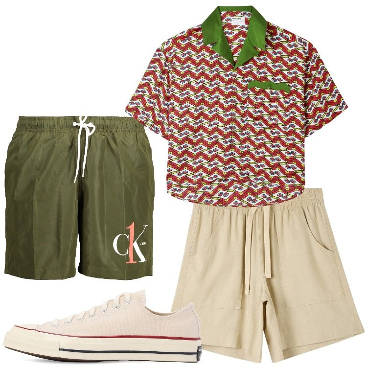 Outfit uomo - Camicia a fantasia all over. Stile Trendy per Mare. Abbinamento con bermuda, camicie a manica corta, sneakers, costumi.