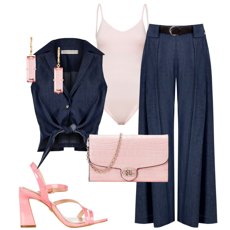 Outfit donna - Aperitivo con le amiche. Stile Casual chic per Serata fuori. Abbinamento con pantaloni a palazzo, gilet, sandali in pelle, body, borse a tracolla, orecchini.