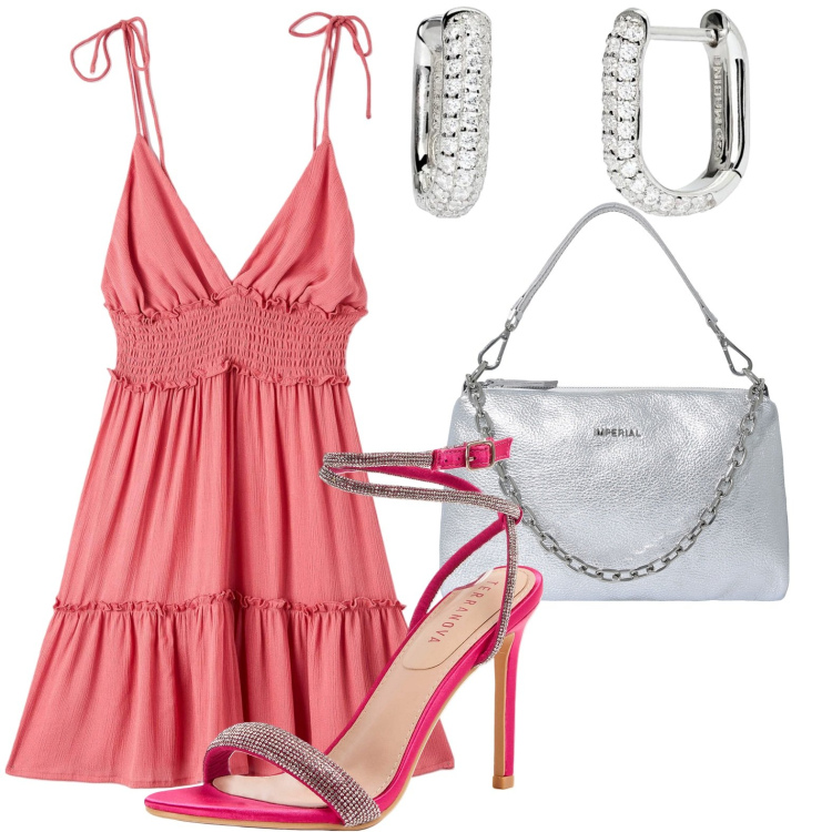 Outfit donna - Festa d\'estate. Stile Sexy per Serata fuori. Abbinamento con vestiti corti, sandali col tacco, orecchini, pochette.