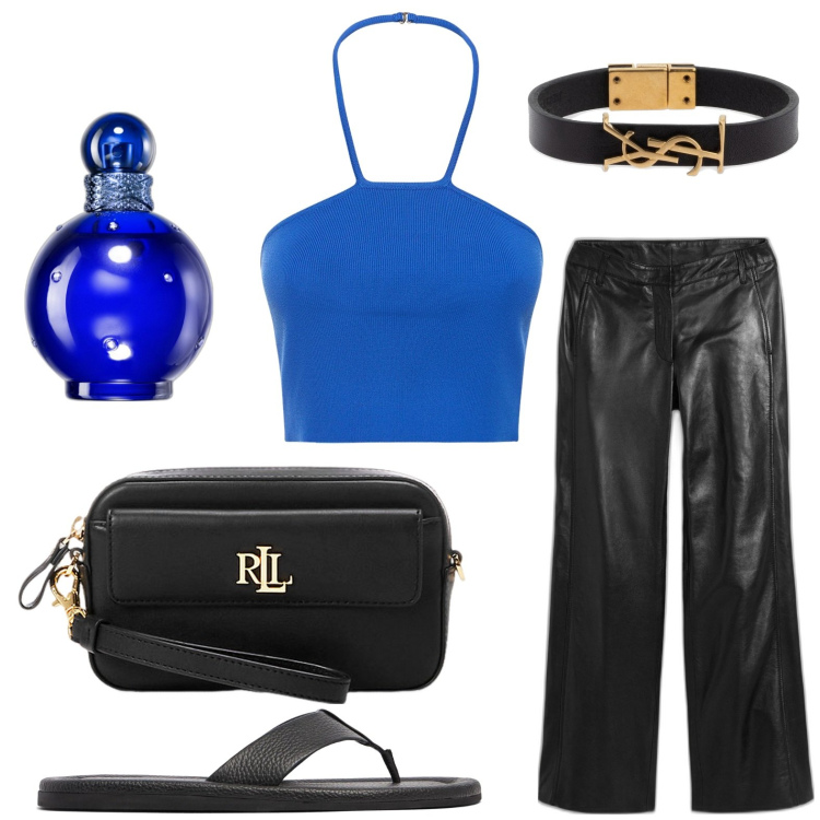 Outfit donna - Serata. Stile Bon Ton per Tutti i giorni. look ideale per Petite. Abbinamento con pantaloni, profumi, pochette, braccialetti, top, infradito.