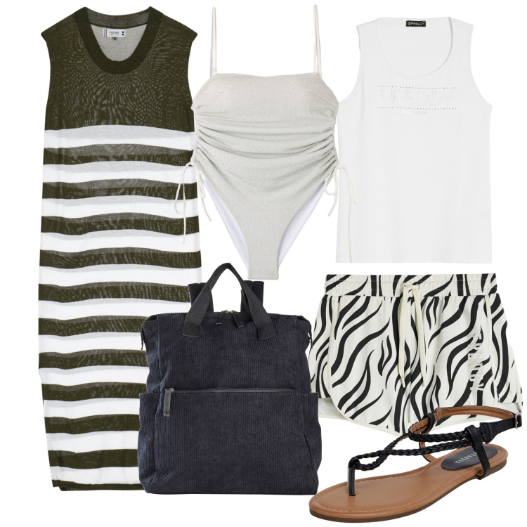 Outfit donna - Tutto in uno zaino. Stile Casual chic per Mare. Abbinamento con zaini, ciabatte, costumi interi, vestiti lunghi, pantaloni corti, canottiere.