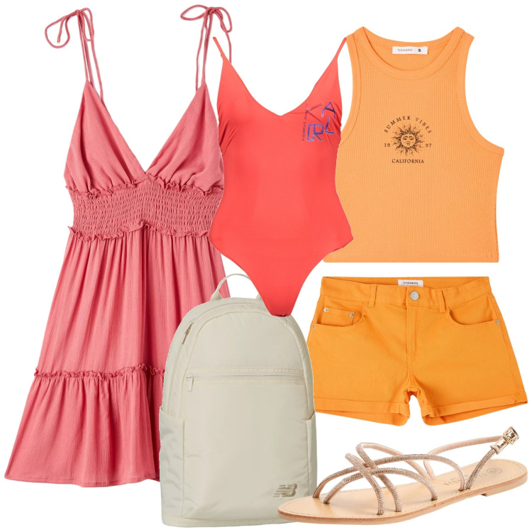 Outfit donna - Tutto in uno zaino. Stile Casual chic per Mare. Abbinamento con vestiti corti, sandali, shorts, canottiere, zaini, costumi interi.