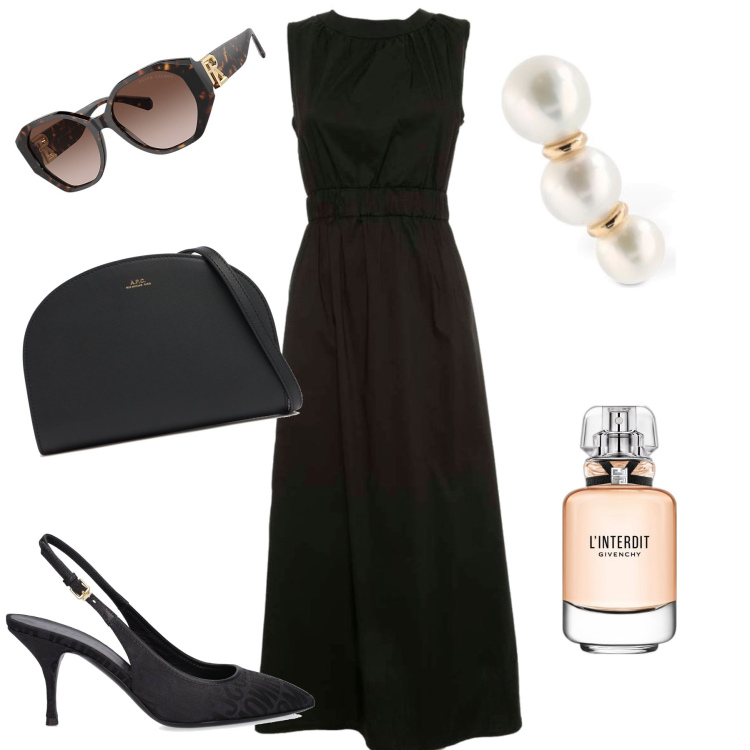 Outfit donna - Nouvelle Audrey. Stile Chic per Serata fuori. Abbinamento con profumi, occhiali da sole, vestiti lunghi, orecchini, clutch, décolleté.
