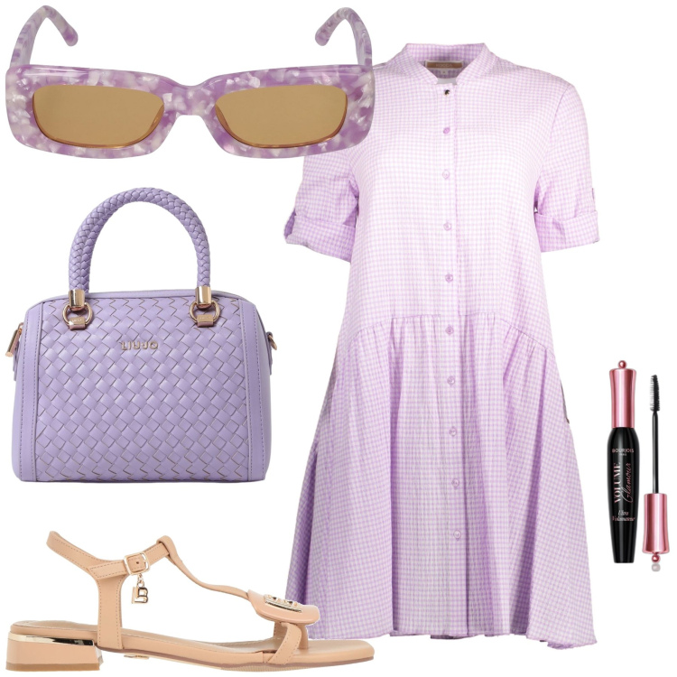 Outfit donna - Uscita in città. Stile Bon Ton per Tutti i giorni. Abbinamento con sandali, mascara, vestiti corti, occhiali da sole, borse a mano.
