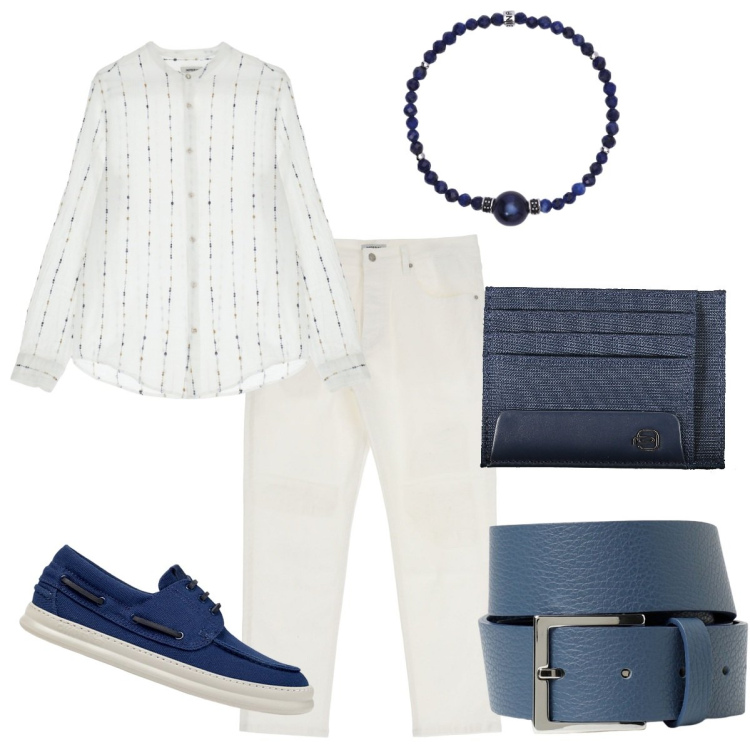 Outfit uomo - Serata romantica sulla spiaggia. Stile Casual per Mare. Abbinamento con pantaloni, camicie, braccialetti, portafogli, scarpe stringate, cinture.