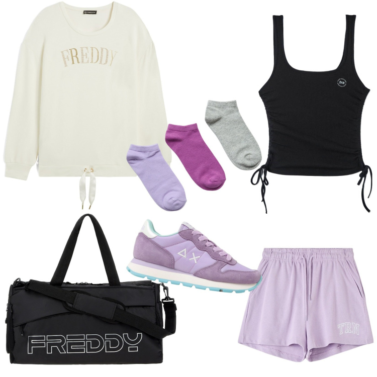 Outfit donna - In palestra. Stile Basic per Sport. Abbinamento con pantaloncini sportivi, top sportivi, calzini, borse sportive, felpe sportive, sneakers.