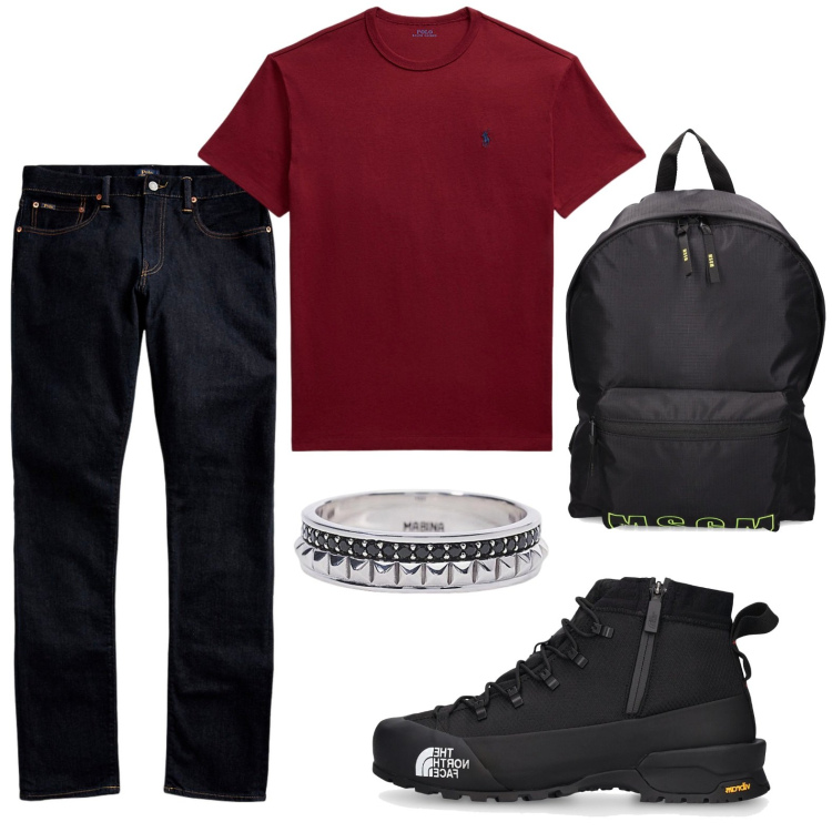 Outfit uomo - Look metropolitano. Stile Casual per Tutti i giorni. Abbinamento con anelli, jeans, t-shirt, borse sportive, stivali.