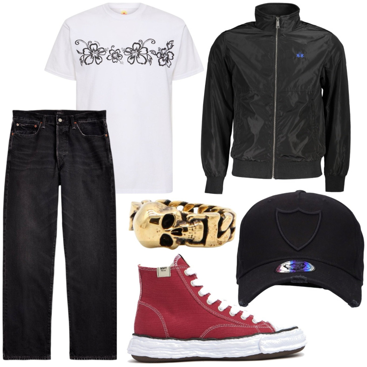 Outfit uomo - Jeans neri. Stile Casual per Tutti i giorni. Abbinamento con jeans dritti, cappelli, giacche, sneakers, anelli, t-shirt.