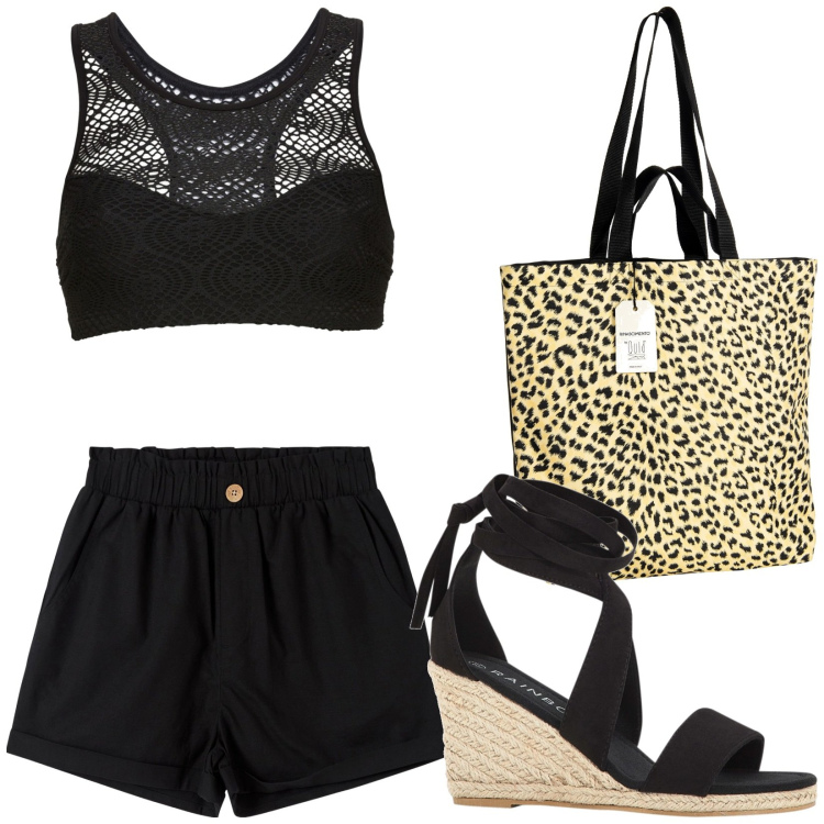 Outfit donna - Total look #1916361. Stile Boho per Mare. Abbinamento con top, sandali, pantaloni corti, borse tote.
