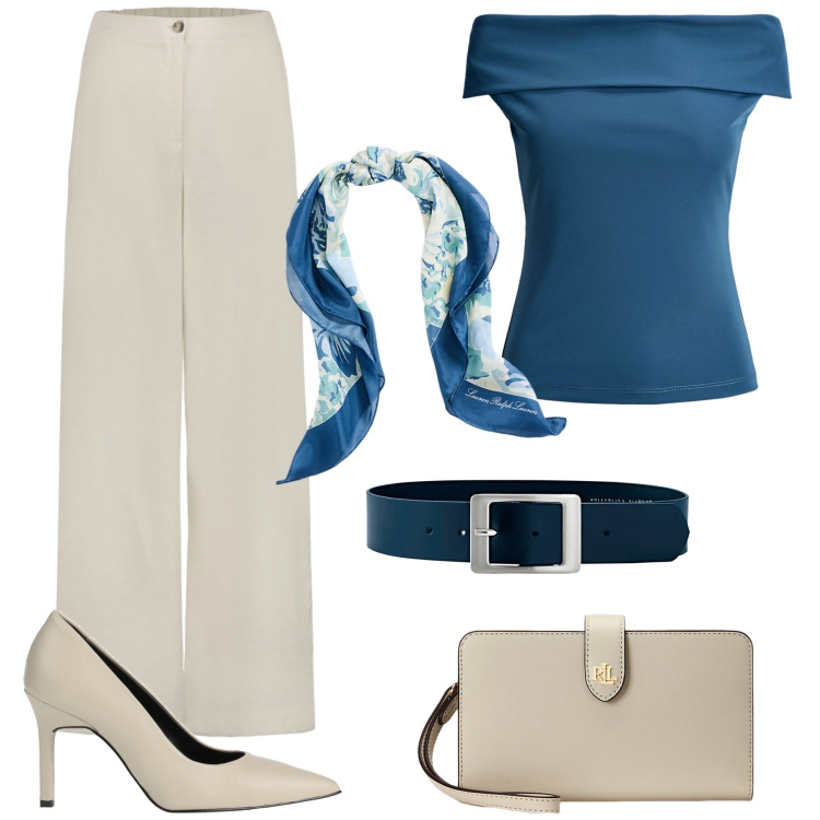 Outfit donna - Al lavoro. Stile Casual chic per Ufficio. Abbinamento con cinture, décolleté, top, foulard, pochette, pantaloni.