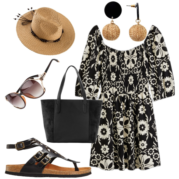 Outfit donna - Spensierata in vacanza. Stile Boho per Tutti i giorni. Abbinamento con orecchini, shopping bag, sandali in pelle, occhiali da sole, vestiti, cappelli.