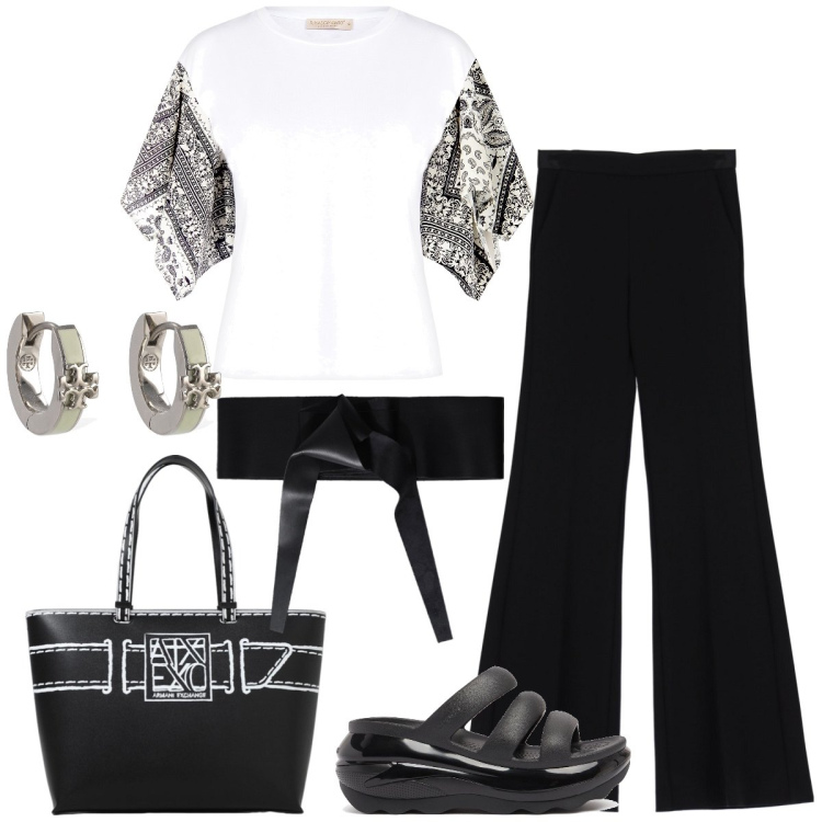 Outfit donna - In bianco e nero. Stile Boho per Tutti i giorni. Abbinamento con cinture, pantaloni, t-shirt, ciabatte, borse a spalla, orecchini.