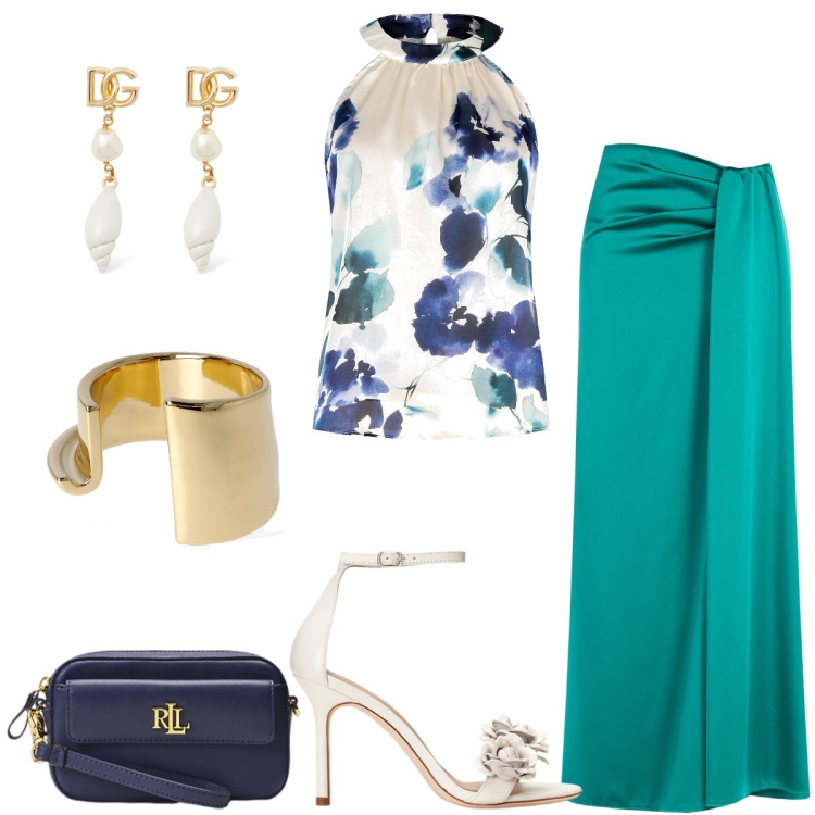 Outfit donna - Cerimonia. Stile Chic per Cerimonia. Abbinamento con gonne lunghe, top, pochette, sandali in pelle, braccialetti, orecchini.