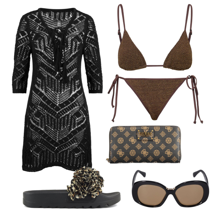 Outfit donna - Stilosa in lurex e uncinetto al mare. Stile Glamour per Mare. Abbinamento con vestiti da spiaggia, ciabatte, portafogli, occhiali da sole, bikini, bikini.