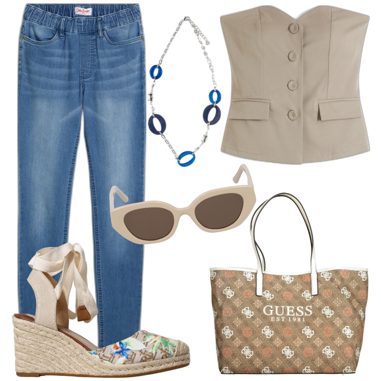 Outfit donna - Il top troppo carino. Stile Casual chic per Tutti i giorni. Abbinamento con jeggings, top, zeppe, borse a spalla, occhiali da sole, ciondoli.