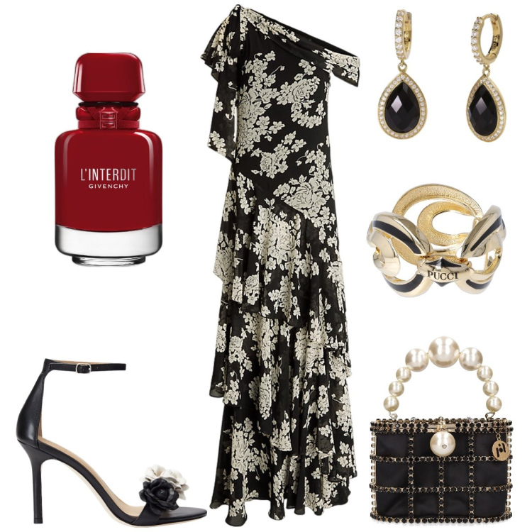 Outfit donna - Serata elegante. Stile Chic per Serata fuori. Abbinamento con profumi, orecchini, vestiti lunghi, sandali in pelle, borse a mano, braccialetti.