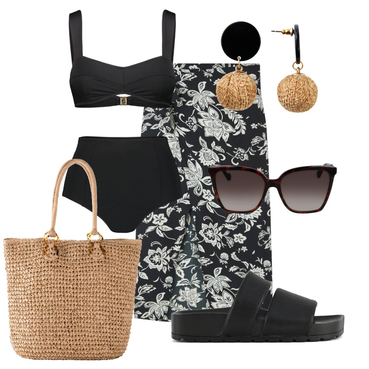 Outfit donna - Ispirazione vacanze italiane. Stile Basic per Mare. Abbinamento con orecchini, shopping bag, vestiti da spiaggia, bikini, ciabatte, occhiali da sole.