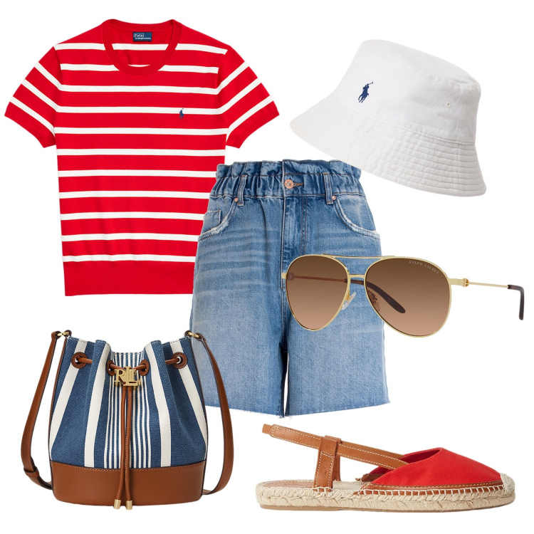 Outfit donna - Gita in barca. Stile Casual chic per Tutti i giorni. Abbinamento con bermuda, occhiali da sole, espadrillas, maglieria, borse a secchiello, cappelli.