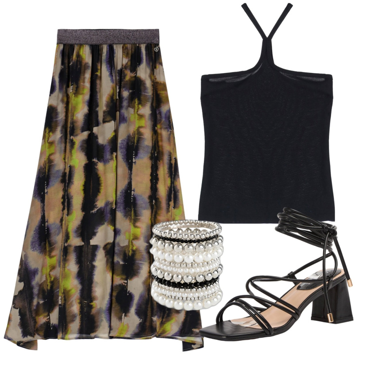 Outfit donna - All night. Stile Boho per Serata fuori. Abbinamento con braccialetti, sandali alla schiava, gonne lunghe, top.