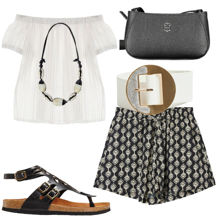 Outfit donna - Total look #1916463. Stile Casual per Tutti i giorni. Abbinamento con sandali in pelle, shorts, cinture, bluse, collane, borse a tracolla.