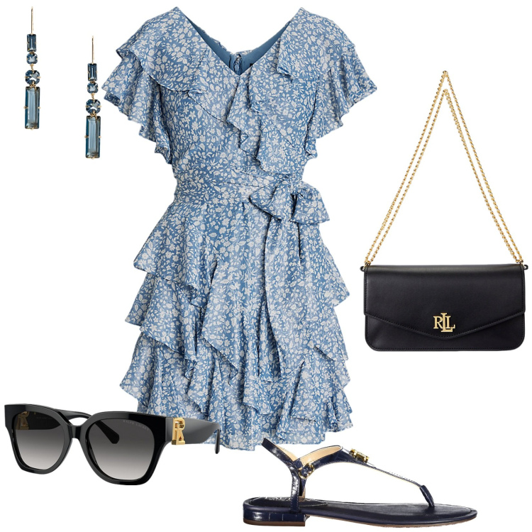 Outfit donna - Total look #1916480. Stile Chic per Tutti i giorni. Abbinamento con occhiali da sole, borse a spalla, vestiti, orecchini, infradito.