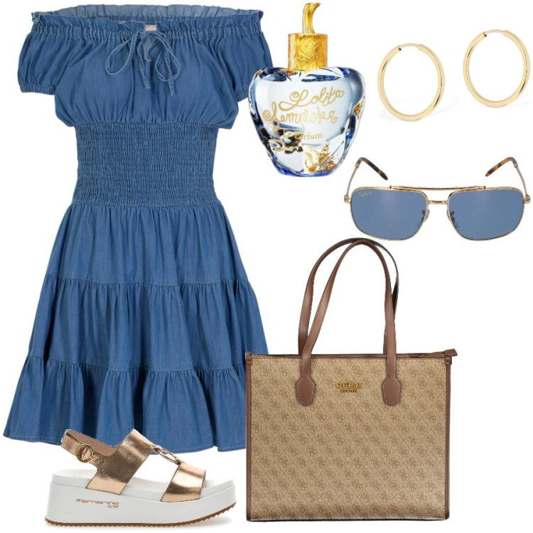 Outfit donna - Total look #1916497. Stile Casual per Tutti i giorni. Abbinamento con vestiti corti, profumi, sandali, borse a spalla, occhiali da sole, orecchini.