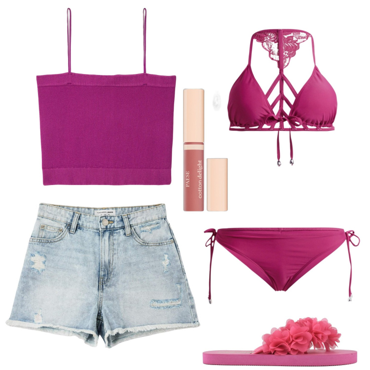 Outfit donna - Fashion al mare. Stile Trendy per Mare. Abbinamento con bikini, gloss, shorts, canottiere, infradito.