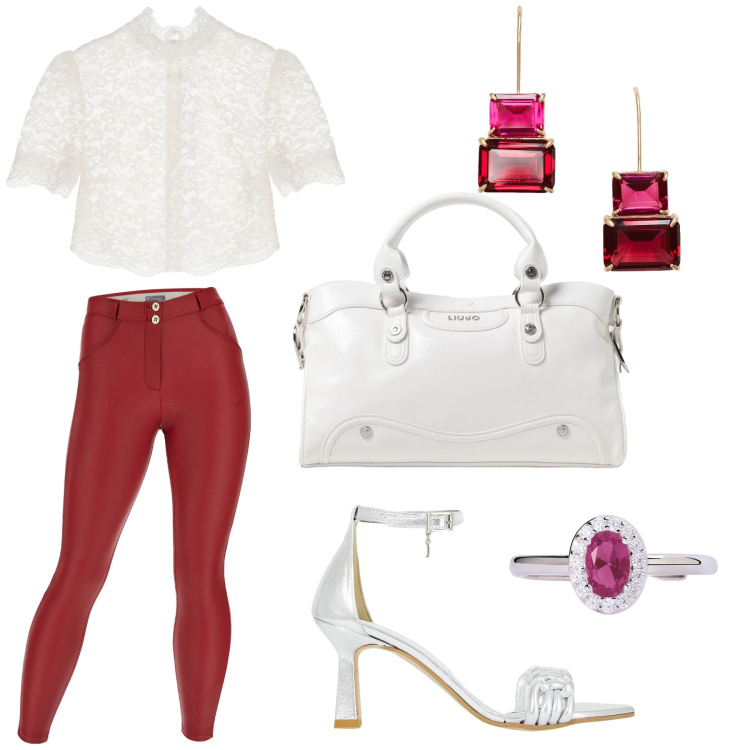 Outfit donna - Total look #1916512. Stile Chic per Serata fuori. Abbinamento con anelli, décolleté, camicie a manica corta, pantaloni skinny, orecchini, borse a mano.