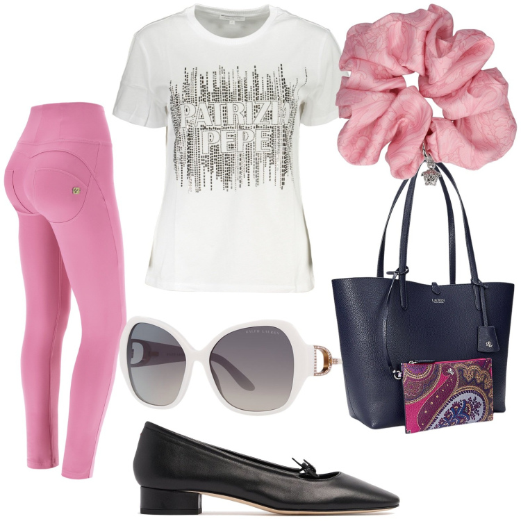 Outfit donna - Sportiva. Stile Casual per Tutti i giorni. look ideale per Petite. Abbinamento con pantaloni skinny, occhiali da sole, borse tote, accessori per capelli, t-shirt, ballerine.