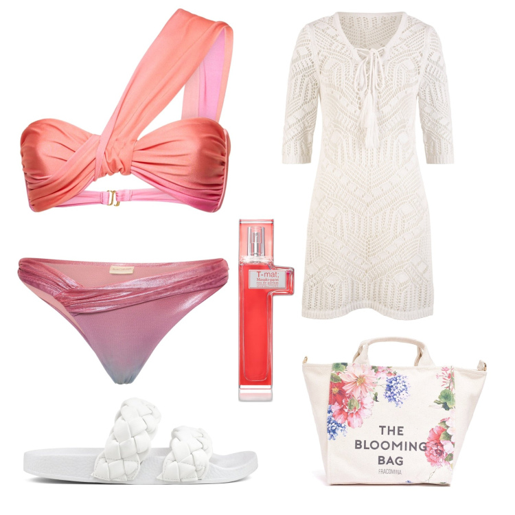Outfit donna - Total look #1916516. per Mare. Abbinamento con vestiti da spiaggia, profumi, borse tote, bikini, bikini, ciabatte.
