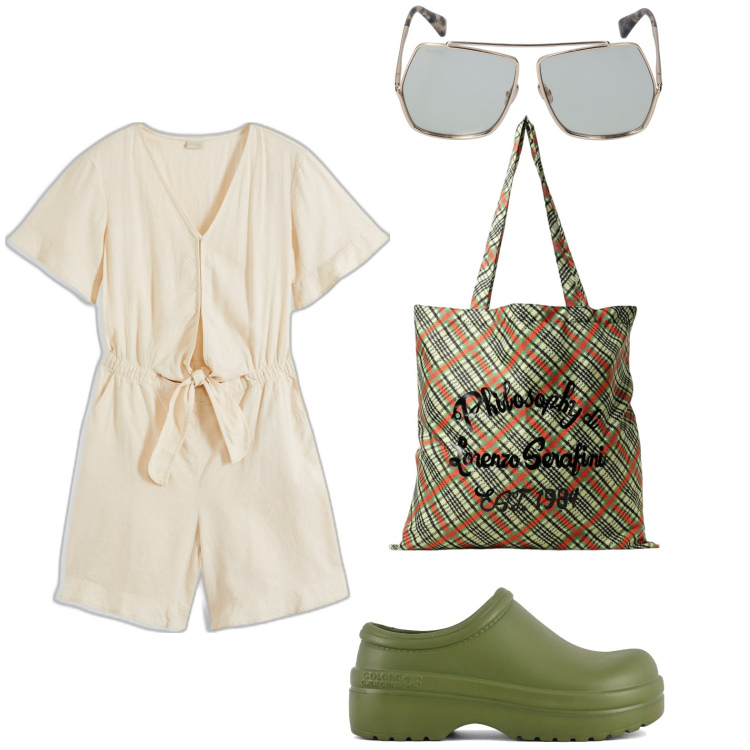 Outfit donna - Tuta. Stile Boho per Tutti i giorni. look ideale per Petite. Abbinamento con tute, zoccoli, occhiali da sole, borse a mano.