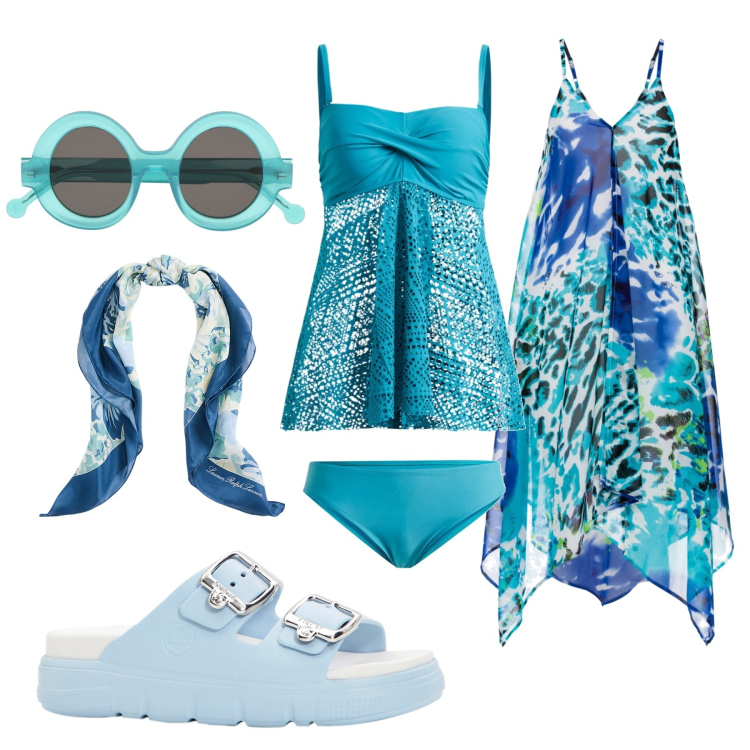 Outfit donna - Total look #1916519. Abbinamento con costumi interi, vestiti da spiaggia, ciabatte, foulard, occhiali da sole.