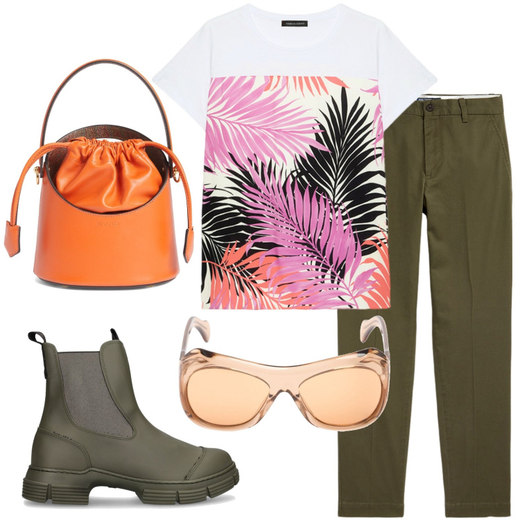 Outfit donna - Stile savana. Stile Boho per Tutti i giorni. look ideale per Petite. Abbinamento con pantaloni chino, stivaletti, t-shirt, borse a mano, occhiali da sole.