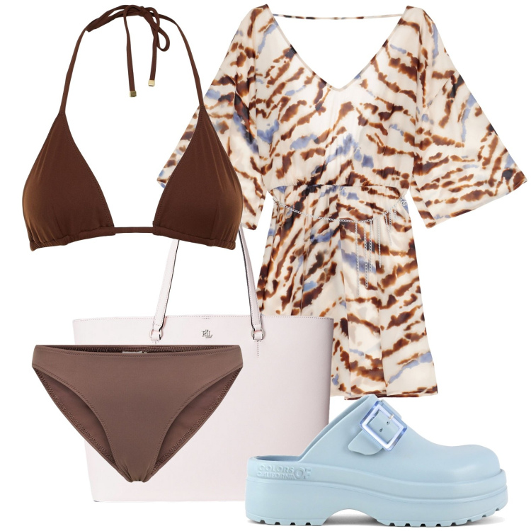 Outfit donna - Mare. Stile Basic per Tutti i giorni. look ideale per Petite. Abbinamento con vestiti corti, borse tote, zoccoli, bikini, bikini.