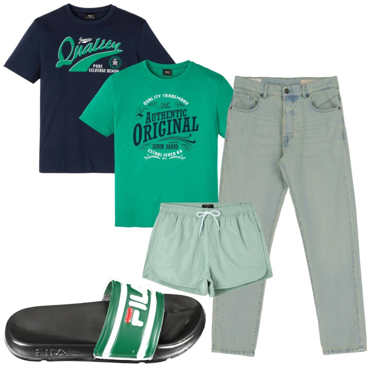 Outfit uomo - Total look #1916530. Stile Trendy per Tutti i giorni. Abbinamento con t-shirt, costumi, jeans slim fit, sandali.