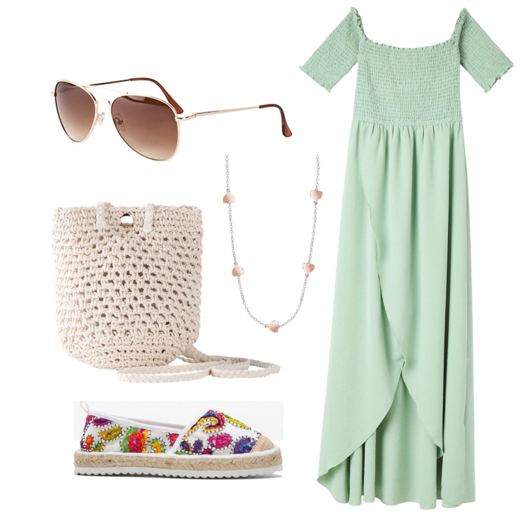 Outfit donna - Ghost outfitter - luglio. Stile Trendy per Tutti i giorni. Abbinamento con espadrillas, occhiali da sole, borse a tracolla, vestiti lunghi, collane.