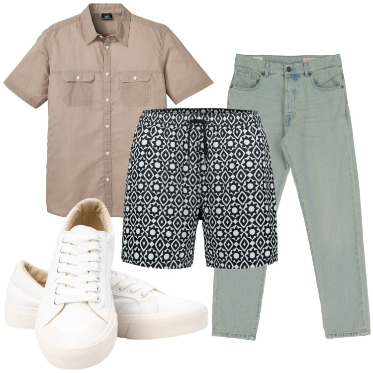 Outfit uomo - Total look #1916541. Stile Trendy per Mare. Abbinamento con camicie a manica corta, jeans slim fit, sneakers, costumi.