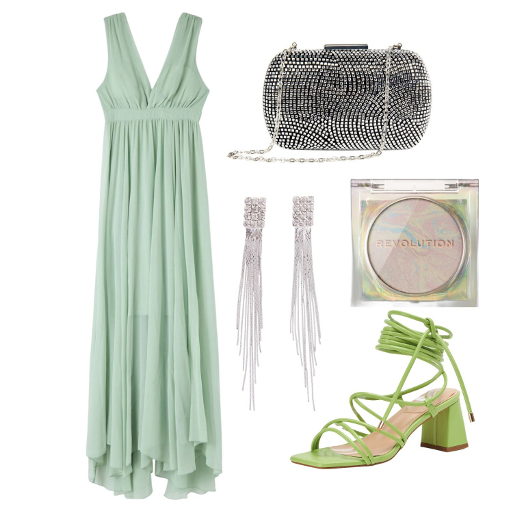 Outfit donna - Ghost outfitter - luglio. Stile Trendy per Cerimonia. Abbinamento con orecchini, ombretti, vestiti lunghi, sandali alla schiava, clutch.