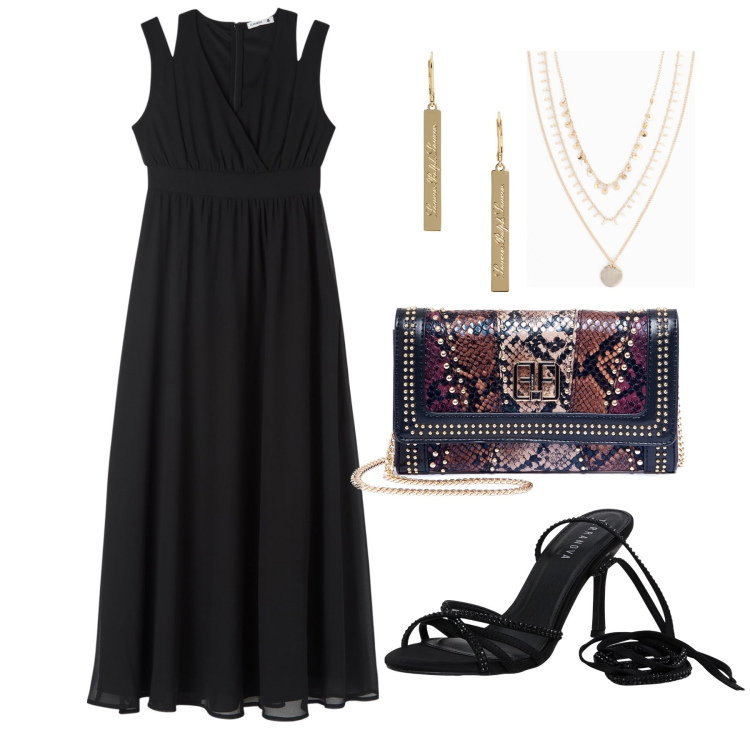 Outfit donna - Ghost outfitter - luglio. Stile Glamour per Serata fuori. Abbinamento con collane, vestiti lunghi, sandali alla schiava, pochette, orecchini.