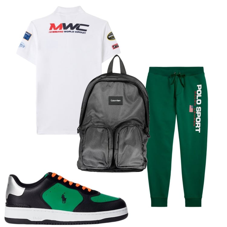 Outfit uomo - Total look #1916545. Stile Trendy per Sport. Abbinamento con polo, sneakers, pantaloni, borse sportive.