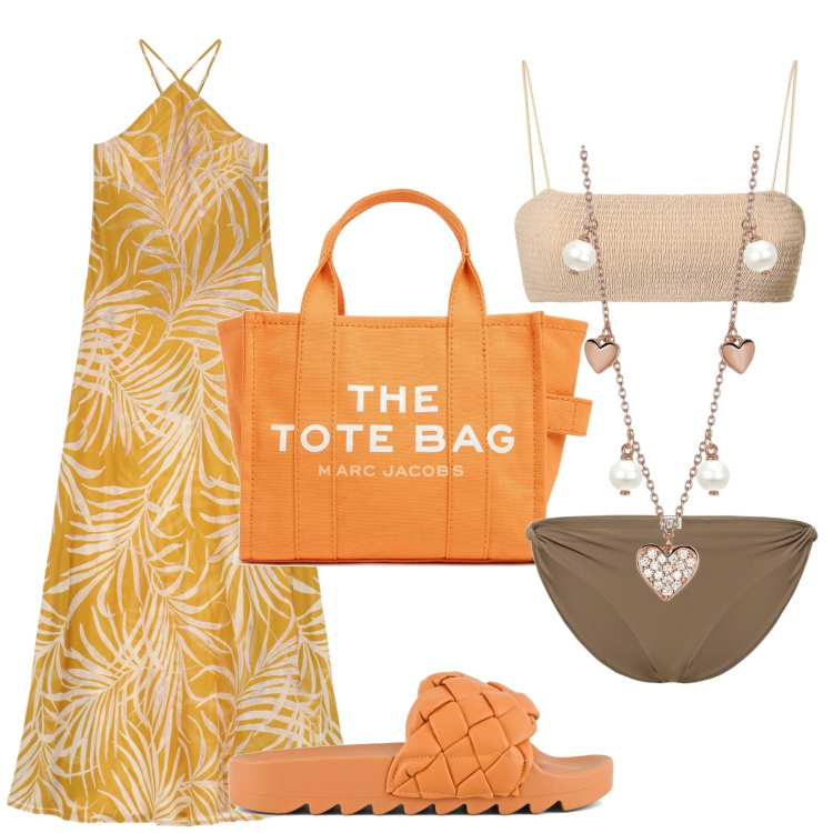 Outfit donna - Mare. Stile Boho per Tutti i giorni. look ideale per Petite. Abbinamento con collane, vestiti lunghi, ciabatte, borse tote, bikini, bikini.