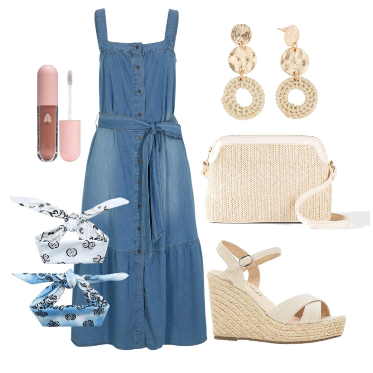 Outfit donna - Ghost outfitter - luglio. Stile Casual per Tutti i giorni. Abbinamento con sandali, borse a tracolla, orecchini, vestiti, gloss, fasce per capelli.