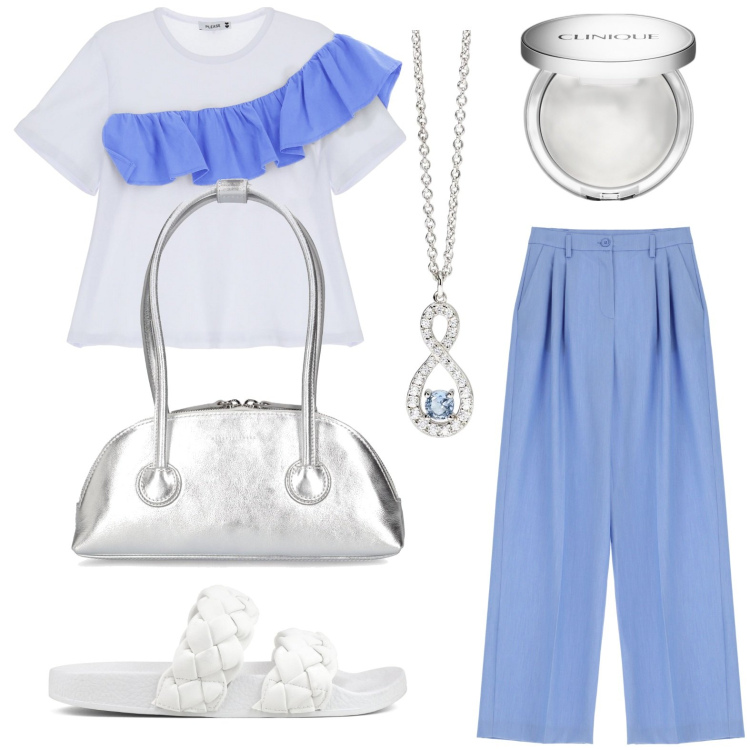 Outfit donna - Pomeriggio con stile. Stile Bon Ton per Tutti i giorni. look ideale per Petite. Abbinamento con ciprie, ciondoli, t-shirt, jeans dritti, borse a spalla, ciabatte.